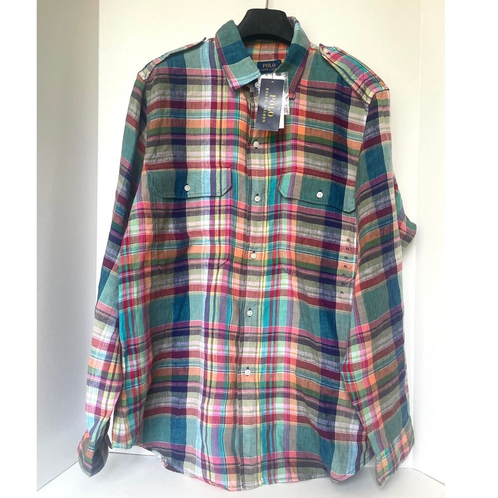 Polo Ralph Lauren Womens Blue Plaid Linen Button-Up Shirt Long Sleeve XL - Picture 1 of 10